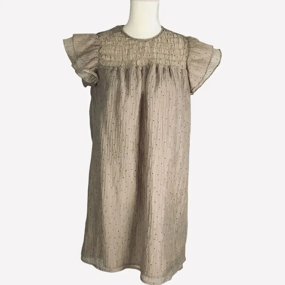 Women M Smocked Flutter Sleeve Mini Knee Dress Tan Dot Sheer Chifon Kawaii Fairy